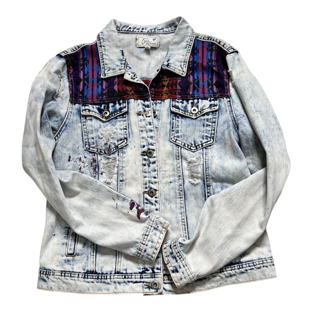 ChiQle Denim Architect Aztec/Southwestern Geometric Panels Acid Wash Jacket SZ L